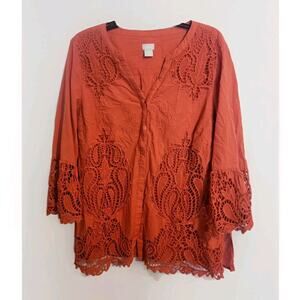 Chico's Shirt Womens Eyelet Floral Paisley Embroidered Button-Front Bell Sleeve